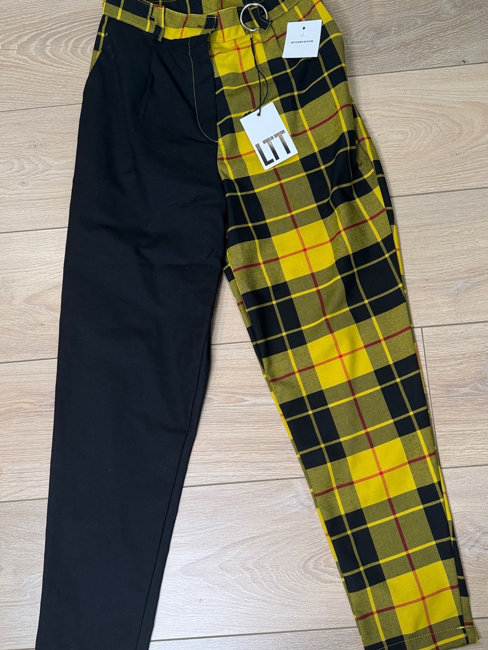 Women's Two-Tone Black & Yellow Plaid Straight Leg Pants
